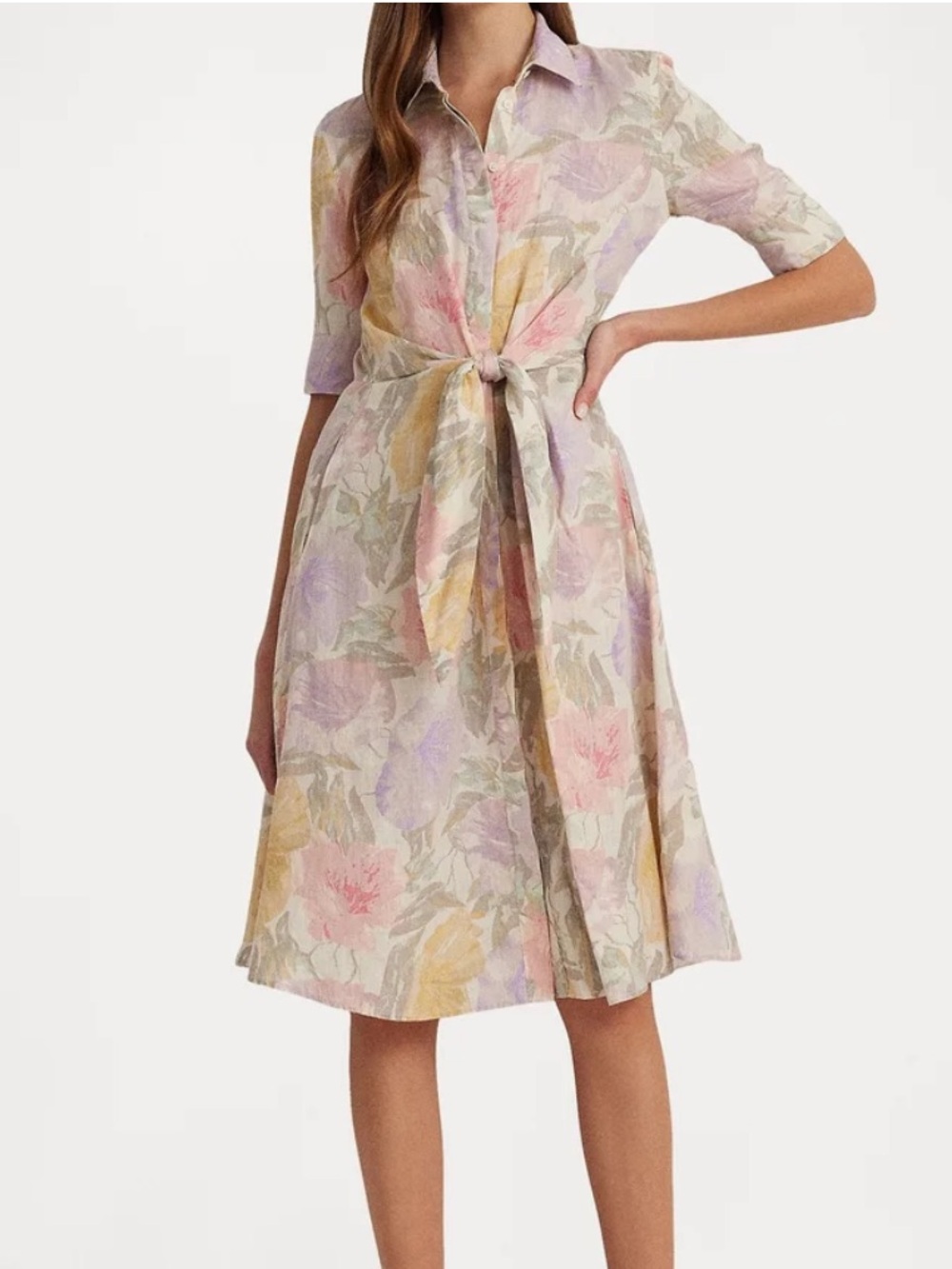 LK Bennett Pastel Floral Tie-Waist Shirt Dress